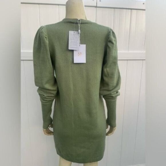 Wayf Sage Green Puff Long Sleeve Knit Sweater Dress Crew Neckline Size S - Picture 4 of 11